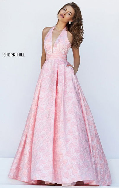 Sherri Hill 50430 Floral Printed 2017 Halter Deep V Neckline Pink Open Back Long Pleated Prom Dresses