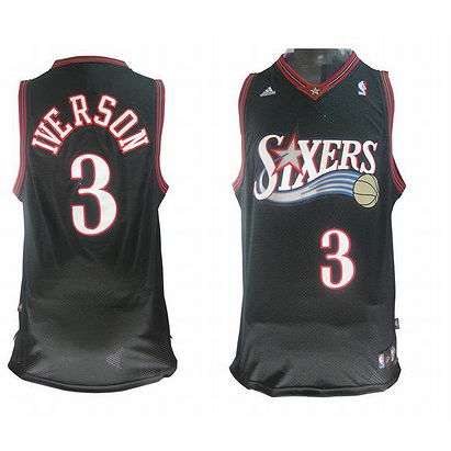Adidas Sixers Allen Iverson #3 Black NBA Jersey White Red Number