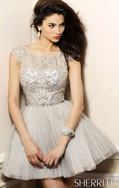 Beaded Pleated 2015 High-Neck Gunmetal Short A-Line Tulle Homecoming Dresses