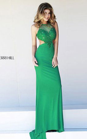 Sherri Hill 32008 Cutout Open Back Emerald Appliques Long Prom Dress Cheap
