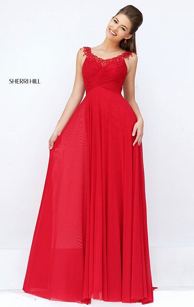 2016 Sherri Hill 50093 V Neckline Red Beaded Open Back Chiffon Long Ruched Prom Dresses