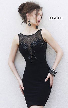 Black 2015 V-Back Sherri Hill 4328 Beaded Bateau-Neck Short Lace Homecoming Dresses