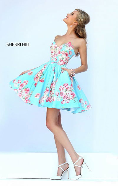 2016 Sherri Hill 32246 Light Blue Print Strapless Homecoming Dresses 2016