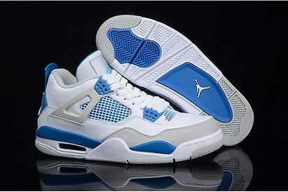 Jordans 4 Retro Shoes: White/Military Blue Neutral Grey Men Size
