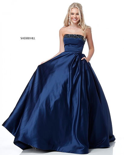 2018 Straight Neck Navy Satin Long A Line Evening Gowns Beaded Sherri Hill 51674