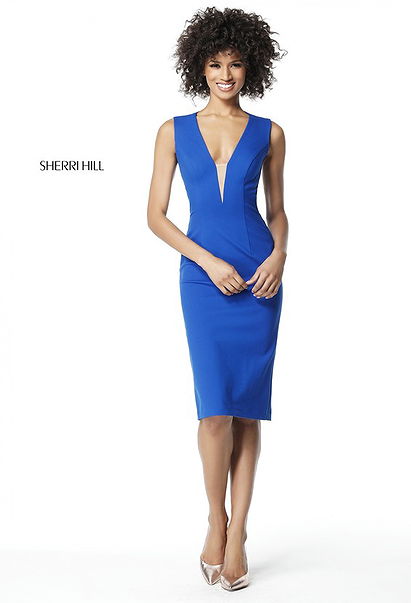 2017 Deep V Neck Sherri Hill S51335 Cutout Back Sheer Fitted Royal Homecoming Dresses