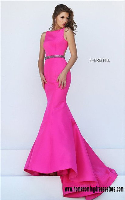 2016 Fuchsia Sherri Hill 50408 Beaded Bateau-neck Cutout Mermaid Prom Dress