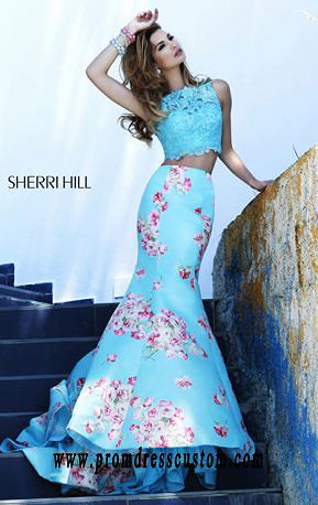 Beaded Light Blue/Print Two-Piece Sherri Hill 32073 Lace Long Bodice Prom Dresses 2015 - $248.00