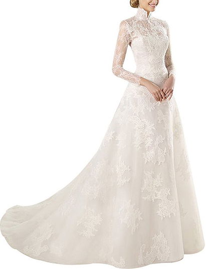 New High Neck White Long Lace Sleeves Beads Veil Train Wedding Dress Prom Gown
