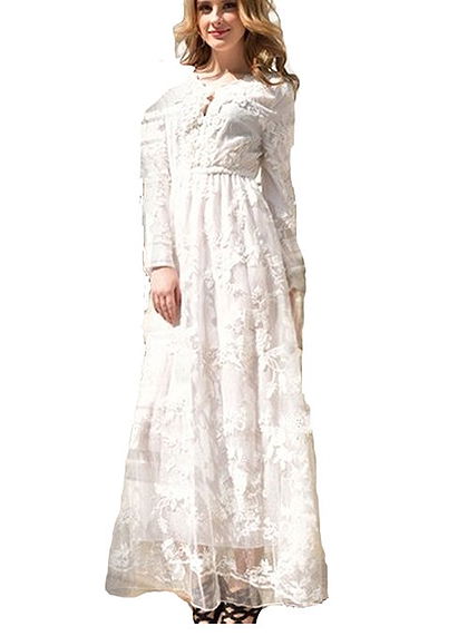 Hot selling Fine craft crochet lace embroidered long-sleeved dress big swing Wedding dress (L)