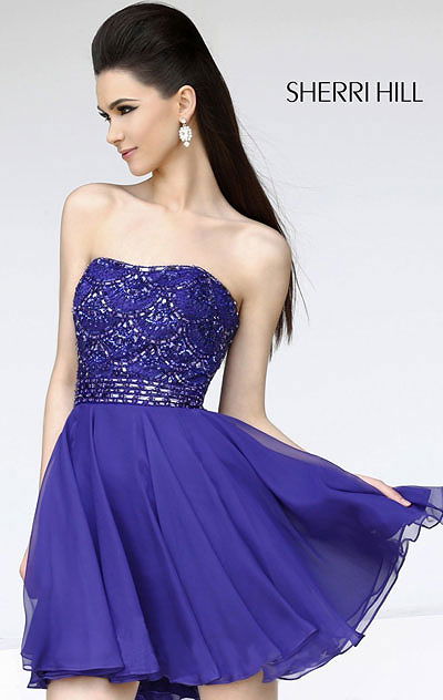 2015 Strapless Sherri Hill 11046 Beaded Purple Short Layered Homecoming Dresses