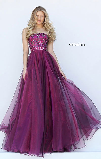 Beaded Patterned Strapless Sherri Hill 50344 Straight Neckline Magenta Long Chiffon Evening Dresses 2016