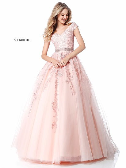 2018 Sherri Hill 51905 Beaded Applique V Neckline Blush Long Tulle Prom Dress