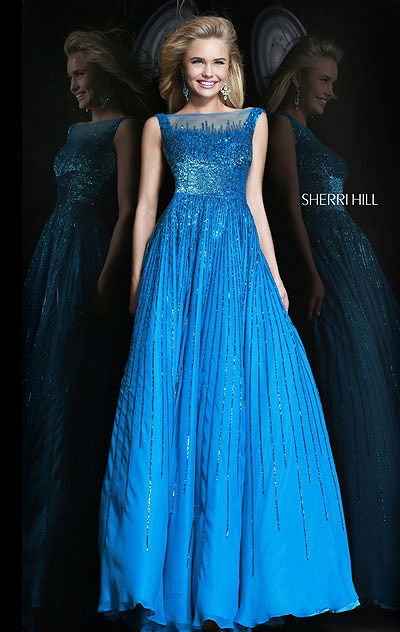2014 Sherri Hill 8533 Sequin Royal Bateau-Neck Long Prom Gown
