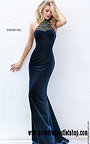 Long Teal Style 50653 Beaded Halter Fitted Formal Dress From Sherri Hill