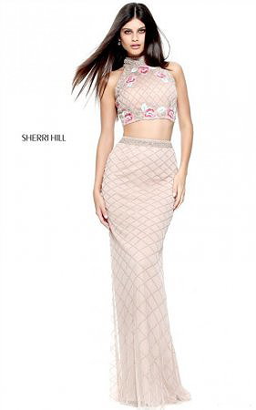 2-Piece Beading Embroidered Halter Evening Dress Nude Sherri Hill 51148