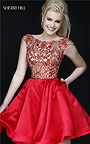 Sherri Hill 32273 Boat Neck Beaded Mini V-back Red Homecoming Dress 2015
