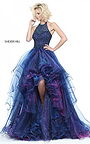 Beaded Layers Sherri Hill 51140 Halter Navy Multi-Tiered Hi-Low Dress 2017