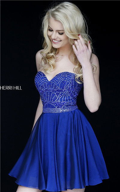 Beaded Sherri Hill 1978 Strapless Short Royal Homecoming Dresses 2015