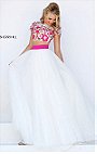 Cap Sleeves Floral Beaded Ivory/Fuchsia Two Piece Long Chiffon Prom Dresses 2016