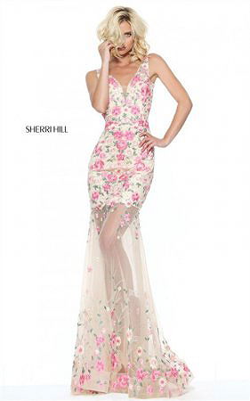 Bright Floral Embroidered Sherri Hill 50914 Flared Fitted Prom Dress 2017