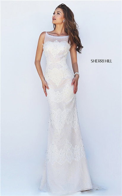 2016 Sherri Hill 50300 Outlet Beading Lace Backless Slim Ivory Evening Gown