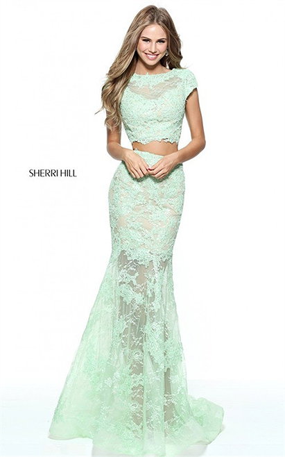 2017 Green Long Lace Appliqued 2-Piece Prom Dress By Sherri Hill 51013