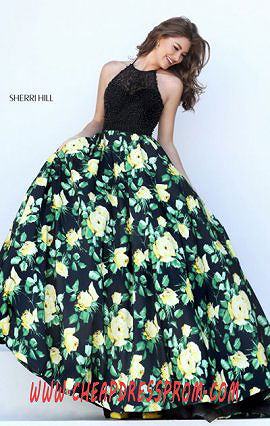 Black/Yellow Floral Printed Halter-Neck Sherri Hill 50424 Long Prom Dresses 2016