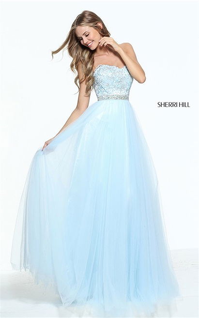 Beading Sherri Hill 51045 Lace Strapless Light Blue Bridesmaid Dress 2017