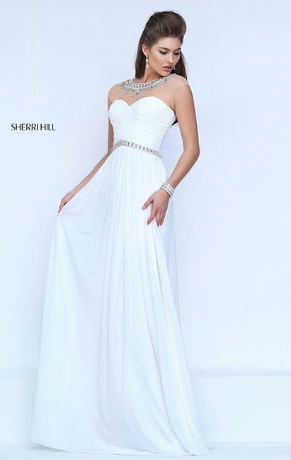 Boat Tulle Neckline Beaded Ivory 2017 Cap Sleeves Sherri Hill 50442 Ruched Long Chiffon Evening Dresses