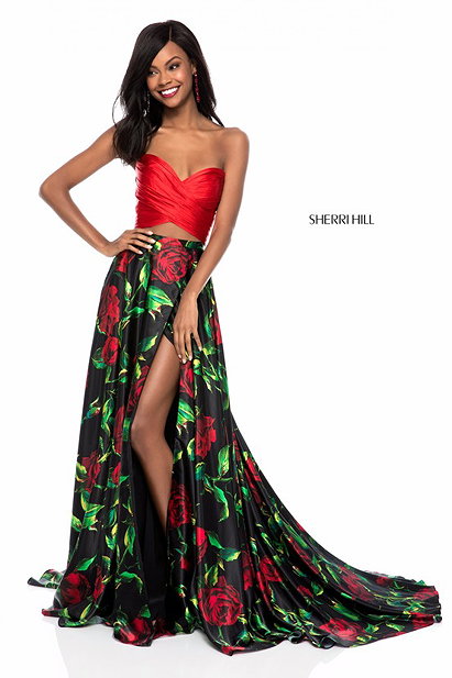 Sherri Hill 51937 Two Piece Red/Black 2018 Satin Long Rose Printed Prom Dresses