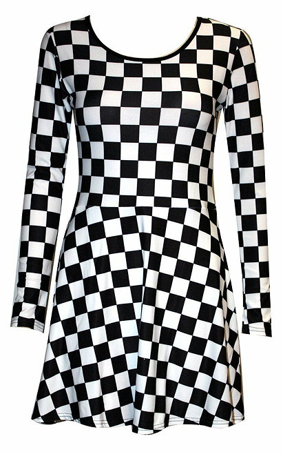 New Black & White Chess Board Long Sleeve Flared Skater Swing Smock Mini Dress