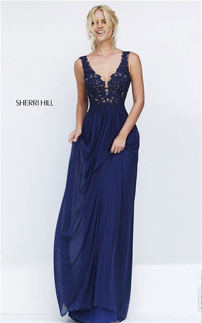 2016 Long Navy Beaded Appliqued V-Bodice Prom Dress By Sherri Hill 50255