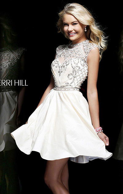 2015 Beaded Ivory Cutout Cap-Sleeves Sherri Hill 4300 Short Tulle Homecoming Dresses