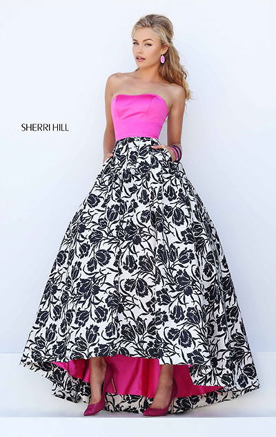 Strapless Sherri Hill 50205 Open Back Fuchsia/Ivory/Black Sweetheart Neckline Long Floral Printed Evening Dresses 2016