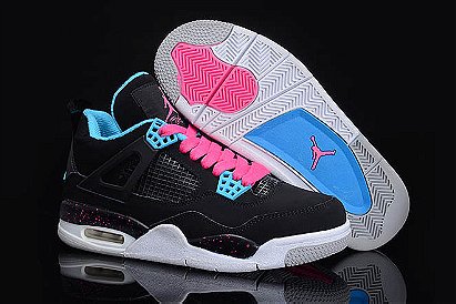 Cheap Online Retro Jordan 4 Womens Black & Sky Blue & Pink Sport Shoes