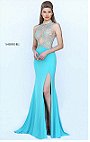 2017 High Neckline Beaded Patterned Aqua Cutout Sleeveless Sherri Hill 50428 Satin Long Slit Prom Dresses