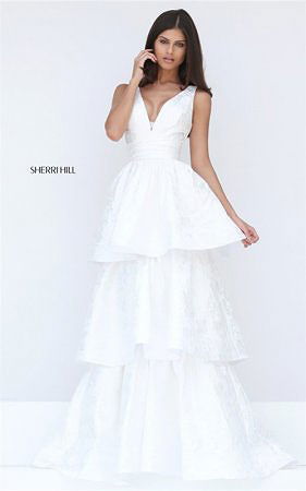 2017 Jacquard Sherri Hill 50775 Plunged Ivory Layers Tiered Evening Gown