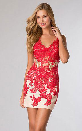 JVN by Jovani 99387 Short V-Neck Short Lace Appliques Homecoming Dresses Red/Nude 2015