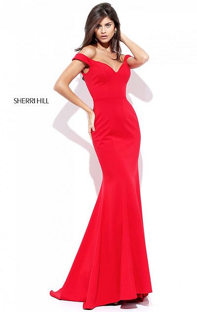 Sweetheart Neckline 2017 Sherri Hill 50730 Open Back Off The Shoulder Red Long Satin Mermaid Dresses