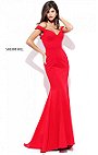Sweetheart Neckline 2017 Sherri Hill 50730 Open Back Off The Shoulder Red Long Satin Mermaid Dresses