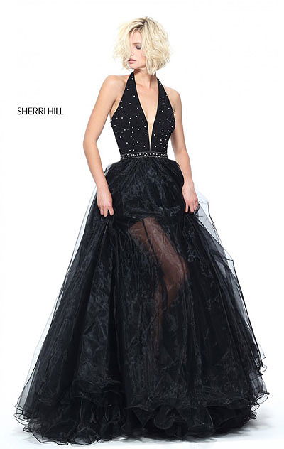 Black 2017 Sherri Hill 51102 Halter Plunging V Neckline Beaded Embellishments Pleated Long Organza Prom Dresses