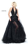 Black 2017 Sherri Hill 51102 Halter Plunging V Neckline Beaded Embellishments Pleated Long Organza Prom Dresses