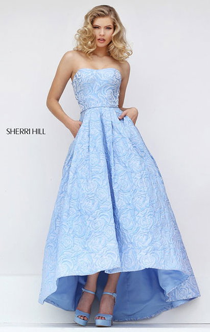 Sherri Hill 50436 Sweetheart Neckline Strapless Floral Printed Blue 2017 Sleeveless Long Prom Dresses