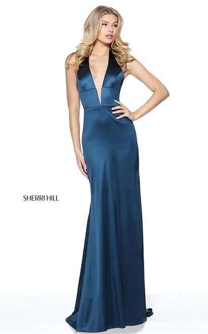 2017 Halter Backless Plunged V-Neck Teal Evening Gown By Sherri Hill 50919