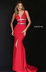 Sleeveless Plunging V Neckline Red 2016 Beaded Embellishments Sherri Hill 50184 Satin Long Slit Prom Dresses
