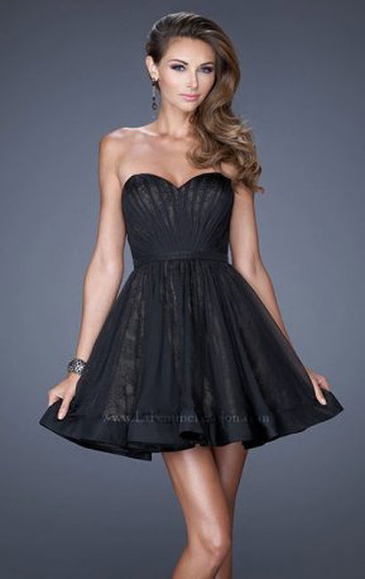 Cheap Black Strapless La Femme 20563 Chiffon Short Bodice Homecoming Dresses