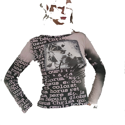 Pink and black mesh top with latin writing...