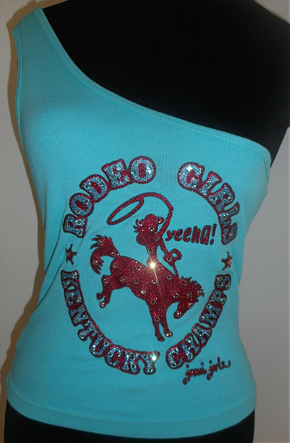 JOOMI JOOLZ T Shirt One Shoulder Turquoise Green S Rodeo Girls Kentucky Champs