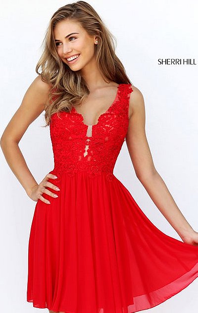 Red Illusion V Neck Sherri Hill 50756 Short Chiffon Party Dresses Beaded Applique [Sherri Hill 50756 Red] - $172.00